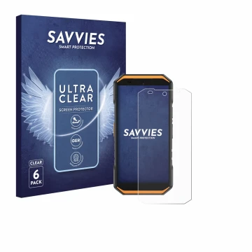 Parte frontal de un envase de producto con el logotipo de la marca Savvies. Al lado se muestra el dispositivo Ulefone Armor X3