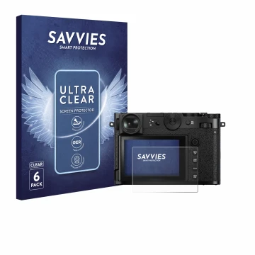Parte frontal de un envase de producto con el logotipo de la marca Savvies. Al lado se muestra el dispositivo Fujifilm GFX 100