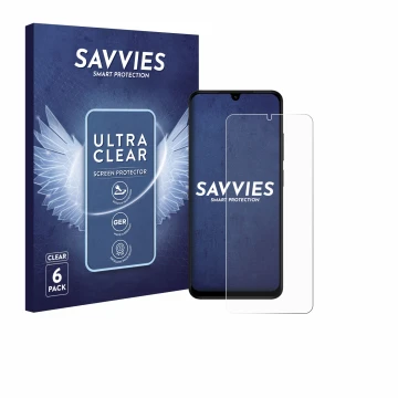 Parte frontal de un envase de producto con el logotipo de la marca Savvies. Al lado se muestra el dispositivo Xiaomi Redmi A5 