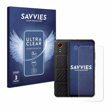 Parte frontal de un envase de producto con el logotipo de la marca Savvies. Al lado se muestra el dispositivo Samsung Galaxy X