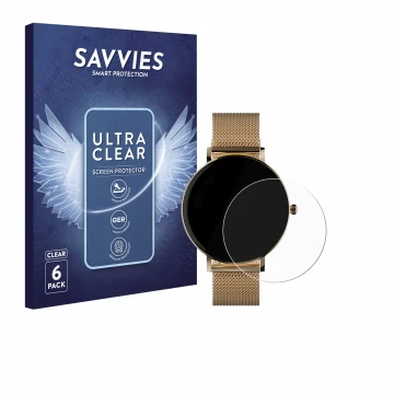 Parte frontal de un envase de producto con el logotipo de la marca Savvies. Al lado se muestra el dispositivo ZenWatch Venice 