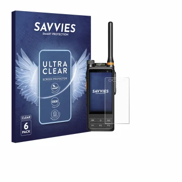 Parte frontal de un envase de producto con el logotipo de la marca Savvies. Al lado se muestra el dispositivo Hytera PDC680 co