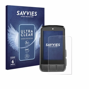 Parte frontal de un envase de producto con el logotipo de la marca Savvies. Al lado se muestra el dispositivo Wahoo Elemnt Bol