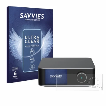Parte frontal de un envase de producto con el logotipo de la marca Savvies. Al lado se muestra el dispositivo WiiM Ultra con s