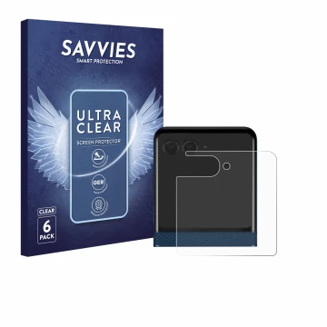 Parte frontal de un envase de producto con el logotipo de la marca Savvies. Al lado se muestra el dispositivo Motorola Razr 60