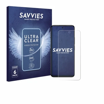 Parte frontal de un envase de producto con el logotipo de la marca Savvies. Al lado se muestra el dispositivo TCL 60 5G con su
