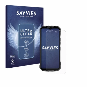 Parte frontal de un envase de producto con el logotipo de la marca Savvies. Al lado se muestra el dispositivo Doogee V Max S c