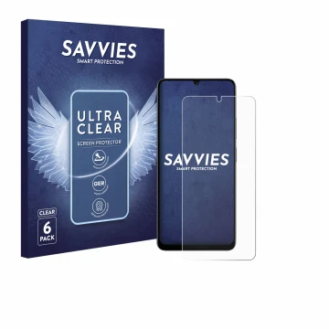 Parte frontal de un envase de producto con el logotipo de la marca Savvies. Al lado se muestra el dispositivo Doogee Note 59 P