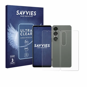 Parte frontal de un envase de producto con el logotipo de la marca Savvies. Al lado se muestra el dispositivo Sony Xperia 1 VI