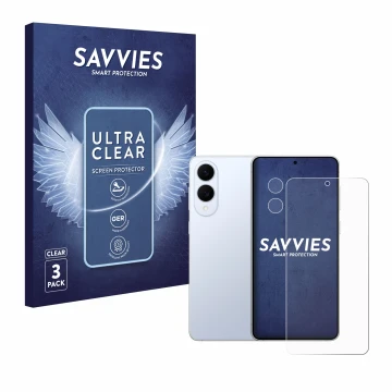 Parte frontal de un envase de producto con el logotipo de la marca Savvies. Al lado se muestra el dispositivo Samsung Galaxy S