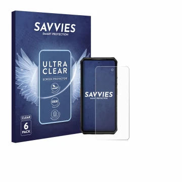 Parte frontal de un envase de producto con el logotipo de la marca Savvies. Al lado se muestra el dispositivo Ulefone Armor 28