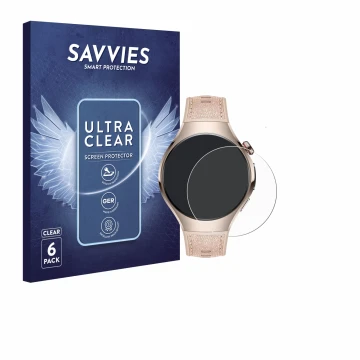 Parte frontal de un envase de producto con el logotipo de la marca Savvies. Al lado se muestra el dispositivo Huawei Watch 5 (