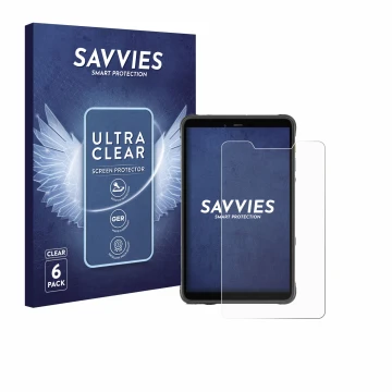 Parte frontal de un envase de producto con el logotipo de la marca Savvies. Al lado se muestra el dispositivo Ulefone Armor Pa