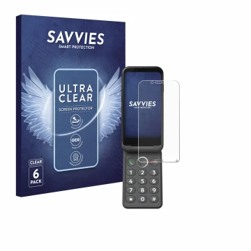 Parte frontal de un envase de producto con el logotipo de la marca Savvies. Al lado se muestra el dispositivo Doro Aurora A20 