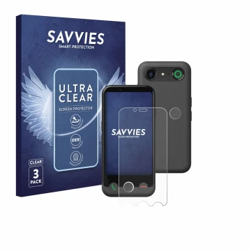 Parte frontal de un envase de producto con el logotipo de la marca Savvies. Al lado se muestra el dispositivo Doro Aurora A10 