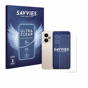 Parte frontal de un envase de producto con el logotipo de la marca Savvies. Al lado se muestra el dispositivo Honor 400 (Front