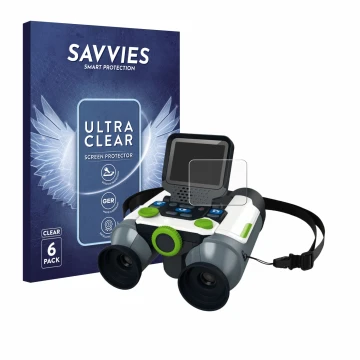 Parte frontal de un envase de producto con el logotipo de la marca Savvies. Al lado se muestra el dispositivo Vtech Binoculare