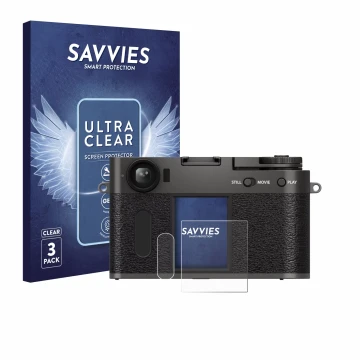 Parte frontal de un envase de producto con el logotipo de la marca Savvies. Al lado se muestra el dispositivo Fujifilm X Half 