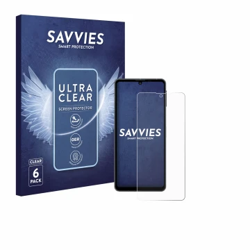 Parte frontal de un envase de producto con el logotipo de la marca Savvies. Al lado se muestra el dispositivo Sharp Aquos Sens