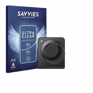 Parte frontal de un envase de producto con el logotipo de la marca Savvies. Al lado se muestra el dispositivo Nubia Flip 5G (S