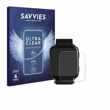 Parte frontal de un envase de producto con el logotipo de la marca Savvies. Al lado se muestra el dispositivo Garmin Venu X1 c