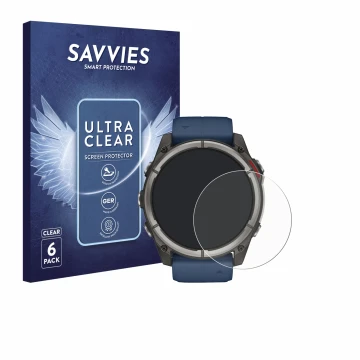 Parte frontal de un envase de producto con el logotipo de la marca Savvies. Al lado se muestra el dispositivo Garmin quatix 8 