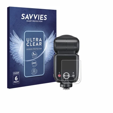 Parte frontal de un envase de producto con el logotipo de la marca Savvies. Al lado se muestra el dispositivo Godox V100 con s