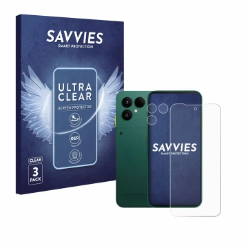 Parte frontal de un envase de producto con el logotipo de la marca Savvies. Al lado se muestra el dispositivo Fairphone 6 (Fro