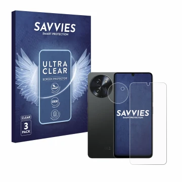 Parte frontal de un envase de producto con el logotipo de la marca Savvies. Al lado se muestra el dispositivo Doogee Note 59 P