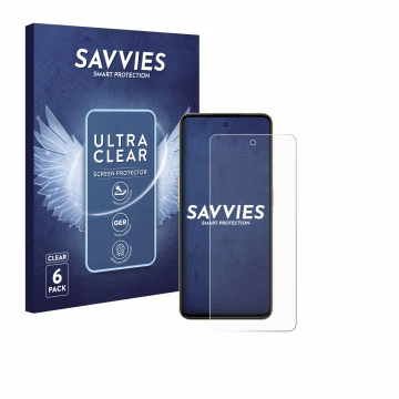 Parte frontal de un envase de producto con el logotipo de la marca Savvies. Al lado se muestra el dispositivo Nubia Neo 3 con 