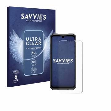 Parte frontal de un envase de producto con el logotipo de la marca Savvies. Al lado se muestra el dispositivo Doogee Blade GT 