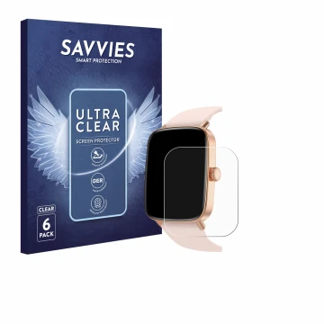 Parte frontal de un envase de producto con el logotipo de la marca Savvies. Al lado se muestra el dispositivo Yoever Smartwatc