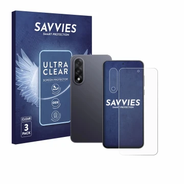 Parte frontal de un envase de producto con el logotipo de la marca Savvies. Al lado se muestra el dispositivo OnePlus Nord 5 (
