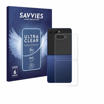 Parte frontal de un envase de producto con el logotipo de la marca Savvies. Al lado se muestra el dispositivo Samsung Galaxy Z