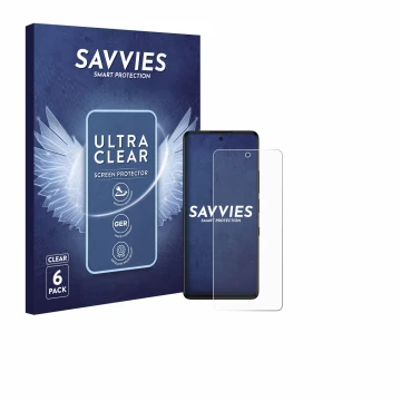 Parte frontal de un envase de producto con el logotipo de la marca Savvies. Al lado se muestra el dispositivo TCL 50 Pro NXTPa