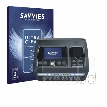 Parte frontal de un envase de producto con el logotipo de la marca Savvies. Al lado se muestra el dispositivo SkyRc D750 Mix c