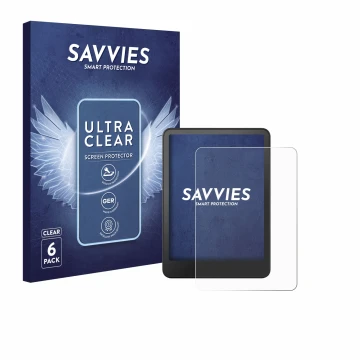 Parte frontal de un envase de producto con el logotipo de la marca Savvies. Al lado se muestra el dispositivo Amazon Kindle Co
