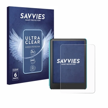 Parte frontal de un envase de producto con el logotipo de la marca Savvies. Al lado se muestra el dispositivo Amazon Kindle Co