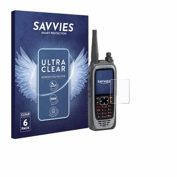 Parte frontal de un envase de producto con el logotipo de la marca Savvies. Al lado se muestra el dispositivo Icom IC-A25NE /I