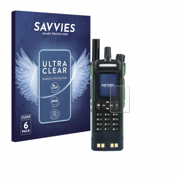 Parte frontal de un envase de producto con el logotipo de la marca Savvies. Al lado se muestra el dispositivo Baofeng DM-32 co