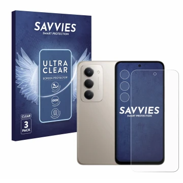 Parte frontal de un envase de producto con el logotipo de la marca Savvies. Al lado se muestra el dispositivo Xiaomi Redmi 15 