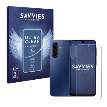 Parte frontal de un envase de producto con el logotipo de la marca Savvies. Al lado se muestra el dispositivo Samsung Galaxy A