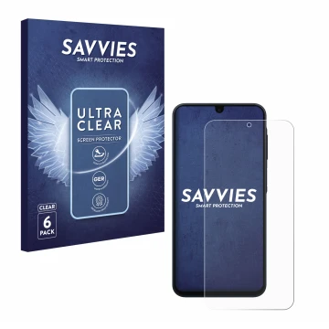 Parte frontal de un envase de producto con el logotipo de la marca Savvies. Al lado se muestra el dispositivo Samsung Galaxy A