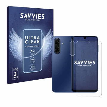 Parte frontal de un envase de producto con el logotipo de la marca Savvies. Al lado se muestra el dispositivo Samsung Galaxy A