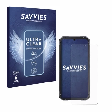 Parte frontal de un envase de producto con el logotipo de la marca Savvies. Al lado se muestra el dispositivo Cubot King Kong 