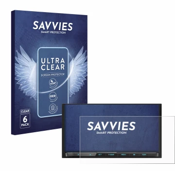 Parte frontal de un envase de producto con el logotipo de la marca Savvies. Al lado se muestra el dispositivo Kenwood DMX8021D