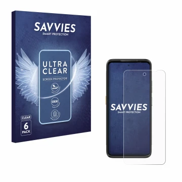 Parte frontal de un envase de producto con el logotipo de la marca Savvies. Al lado se muestra el dispositivo Ulefone Armor 23