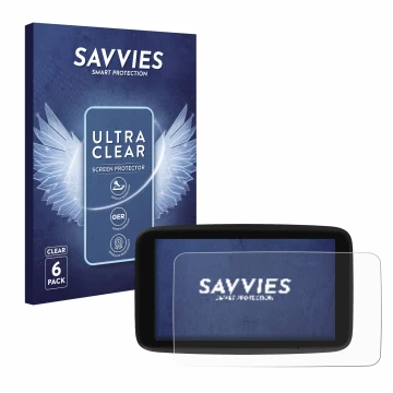 Parte frontal de un envase de producto con el logotipo de la marca Savvies. Al lado se muestra el dispositivo TomTom GO Classi