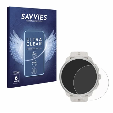 Parte frontal de un envase de producto con el logotipo de la marca Savvies. Al lado se muestra el dispositivo Suunto Race 2 co