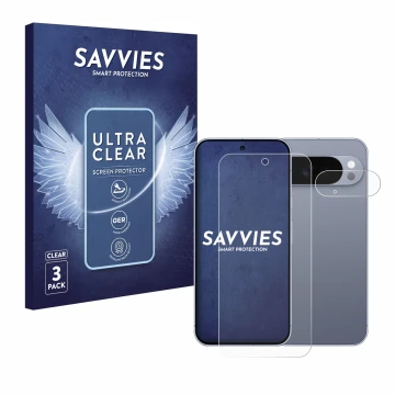 Parte frontal de un envase de producto con el logotipo de la marca Savvies. Al lado se muestra el dispositivo Google Pixel 10 